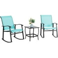 thumbnail image 1 of Vongrasig 3 Piece Outdoor Rocking Bistro Set, Textilene Fabric Small Patio Furniture Set, Front Porch Rocker Chairs Conversation Set with Glass Table for Lawn, Garden, Balcony, Poolside (Blue), 1 of 18