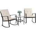 thumbnail image 1 of Vongrasig 3 Piece Outdoor Rocking Chair Set, PE Wicker Rattan Small Bistro Set, Front Porch Furniture Rocking Chairs Set of 2, Cushioned Patio Rocker Chair Set with Glass Table (Beige), 1 of 16