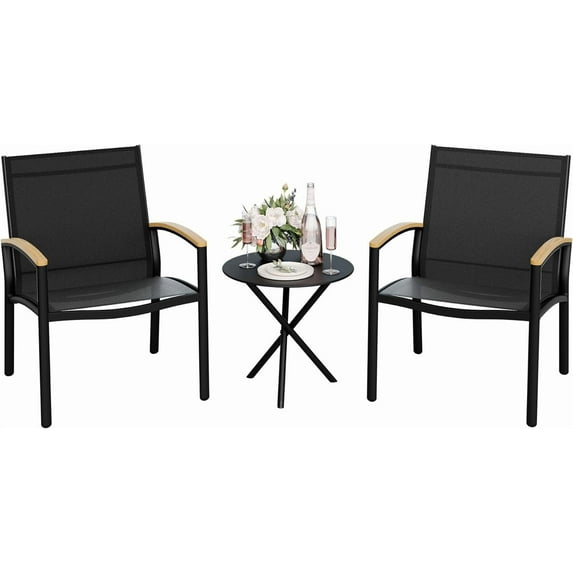 Vongrasig 3-Piece Patio Bistro Set, Outdoor Small Furniture Set Textilene Fabric Conversation Bistro Sets Porch Chairs with Coffee Table for Patio, Balcony, Porch,Yard (Black)