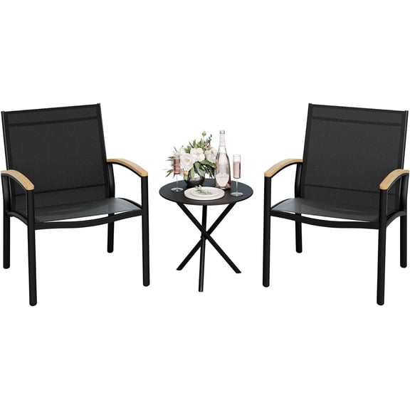 Vongrasig 3-Piece Patio Bistro Set, Outdoor Small Furniture Set Textilene Fabric Conversation Bistro Sets Porch Chairs with Coffee Table for Patio, Balcony, Porch,Yard (Black)