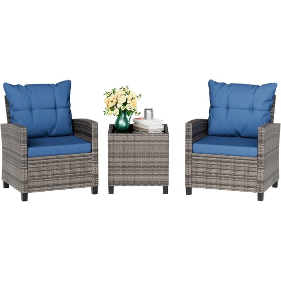 Vongrasig 3 Piece Patio Furniture Set Small Outdoor Wicker Rattan Front Porch Bistro Set Cushioned Patio Chairs Conversation Set with Glass Table for Lawn, Garden, Backyard, Balcony, Poolside (Blue)