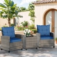 thumbnail image 1 of Vongrasig 3 Pieces Patio Furniture Set Small Outdoor Wicker Rattan Front Porch Bistro Set Cushioned Patio Chairs Conversation Set with Glass Table for Lawn, Garden, Backyard, Balcony, Blue, 1 of 18