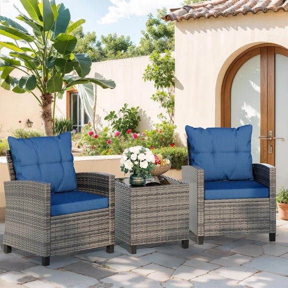 Vongrasig 3 Pieces Patio Furniture Set Small Outdoor Wicker Rattan Front Porch Bistro Set Cushioned Patio Chairs Conversation Set with Glass Table for Lawn, Garden, Backyard, Balcony, Blue
