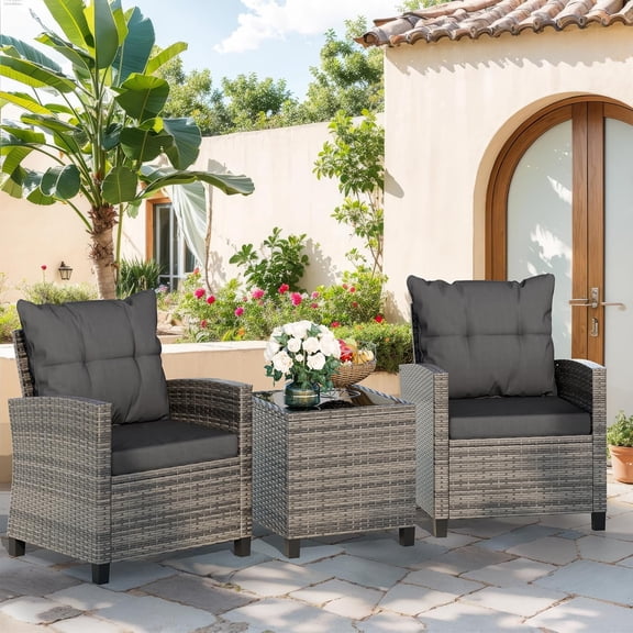 Vongrasig 3 Pieces Patio Furniture Set Small Outdoor Wicker Rattan Front Porch Bistro Set Cushioned Patio Chairs Conversation Set with Glass Table for Lawn, Garden, Backyard, Balcony, Gray