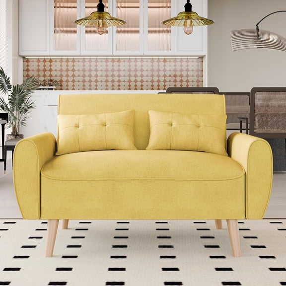 Vongrasig 47" Small Modern Loveseat Sofa, Mid Century Linen Fabric 2-Seat Sofa Couch Tufted Love Seat with Back Cushions and Tapered Legs for Living Room, Bedroom and Small Space (Yellow)