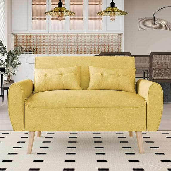 Vongrasig 47" Small Modern Loveseat Sofa, Mid Century Linen Fabric 2-Seat Sofa Couch Tufted Love Seat with Back Cushions and Tapered Legs for Living Room, Bedroom and Small Space (Yellow)