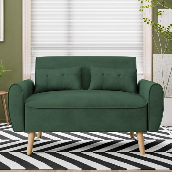 Vongrasig 47" Small Modern Loveseat Sofa, Mid Century Linen Fabric 2-Seat Sofa Couch Tufted Love Seat with Back Cushions and Tapered Legs for Living Room, Bedroom and Small Space (Green)