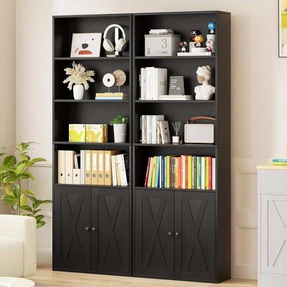 Vongrasig 6-Tier Open Bookcase and Bookshelf with Doors, Floor Standing Farmhouse Display Storage Shelves 71 Inch Wood Tall Bookcase for Home Office, Living Room, Bed Room, Black, 2 Pieces