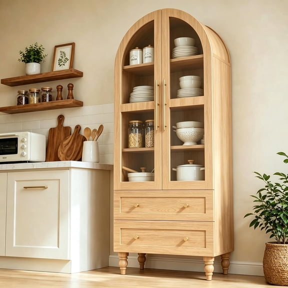 Vongrasig 71" Tall Arched Kitchen Pantry Storage Cabinet with Glass Doors, 2 Large Drawers, 6-Tier Tall Rustic Wood Cupboard Locker for Kitchen, Dining Room, Living Room, Bathroom, Natural