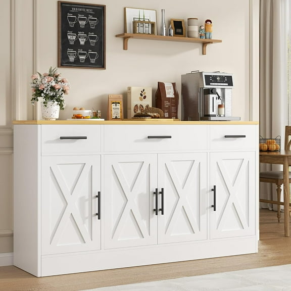 Vongrasig Buffet Cabinet with Drawers, 53” Large Sideboard Buffet Kitchen Storage Cabinet, Modern Farmhouse Coffee Bar with Shelves and Doors, Wood Buffet Table for Kitchen, Dining Room, White