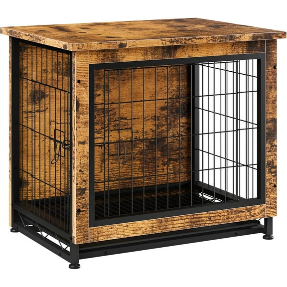 Vongrasig Dog Crate Furniture, Side End Table, Modern Wooden Kennel for Dogs Indoor, Heavy-Duty Dog Cage with Multi-Purpose Removable Tray, Double-Door Dog House, Rustic Brown