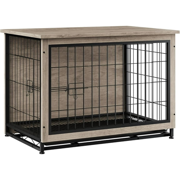Vongrasig Dog Crate Furniture, Side End Table, Modern Wooden Kennel for Dogs Indoor, Heavy-Duty Dog Cage with Multi-Purpose Removable Tray, Double-Door Dog House, Grey