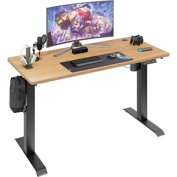 Vongrasig Height Adjustable Electric Standing Desk, 55 x 24 Inches Home Office Stand Up Table Computer Workstation with Splice Table Board & Memory Controller (Black Frame + Maple Desktop)