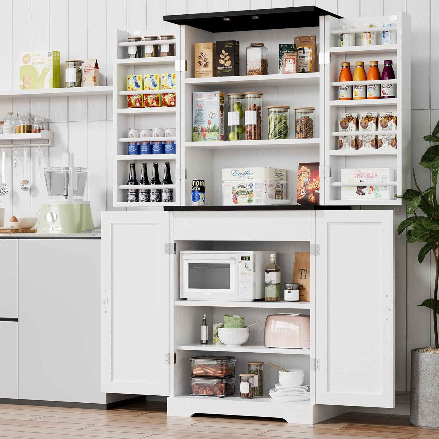 Vongrasig Kitchen Pantry Storage Cabinet with Barn Doors, Drawer and ...