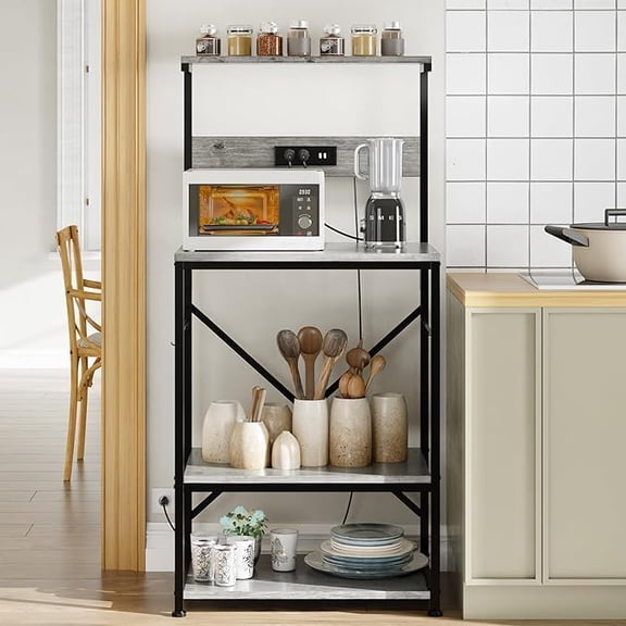 Vongrasig Microwave Stand,Kitchen Bakers Rack with 6 Hooks, 4-Tier Coffee Bar Microwave Rack (Gray)