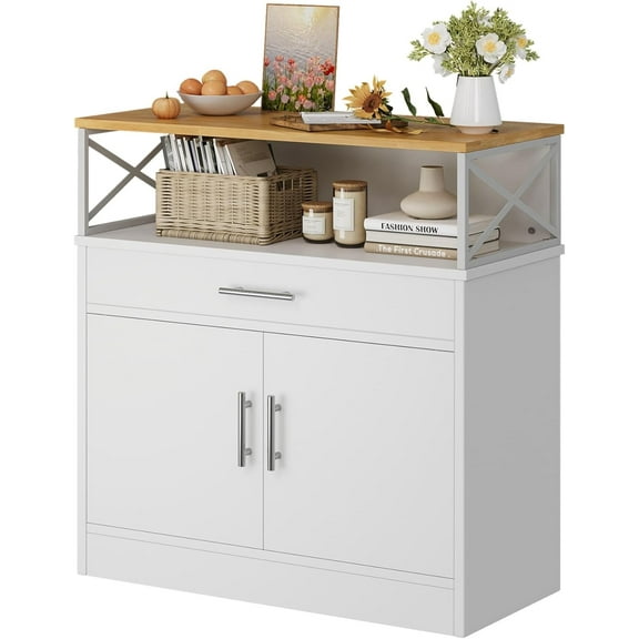 Vongrasig Sideboard Buffet Cabinet with Storage, 32” Modern Kitchen Storage Cabinet with Adjustable Shelf, Wood Farmhouse Coffee Bar Buffet Table for Kitchen, Dining Room, White