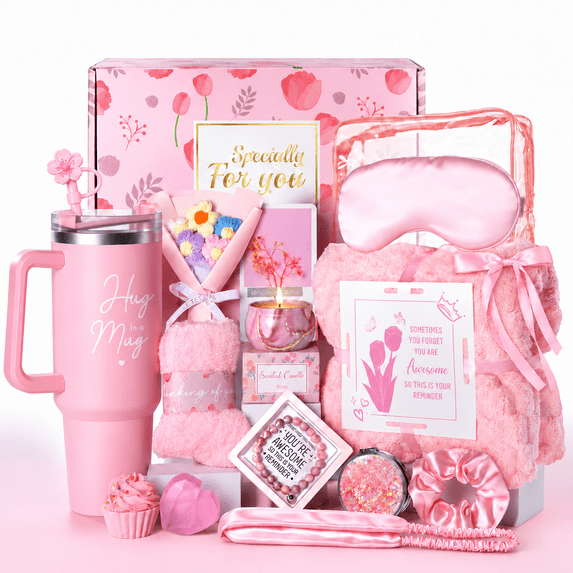 Vonieion 17Pcs Birthday Gifts for Women,Relaxing Spa Basket with 40 oz Tumbler,Headband and Flannel Blanket,Care Gifts Set for Her Mom Sister Best Friend Wife,Mother's Day,Christmas Gifts,Pink