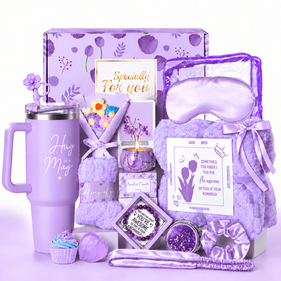 Vonieion 17Pcs Birthday Gifts for Women,Relaxing Spa Basket with 40 oz Tumbler,Headband and Flannel Blanket,Care Gifts Set for Her Mom Sister Best Friend Wife,Mother's Day,Christmas Gifts,Purple