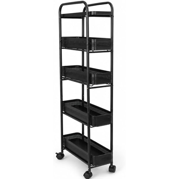 Vonieion 5 Tier Slim Storage Cart,Bathroom Organizer Rolling Utility,Mobile Shelving Unit Utility Cart for Kitchen, Bthroom,Makeup,Craft,Laundry Narrow Places,Behind The Door,Black