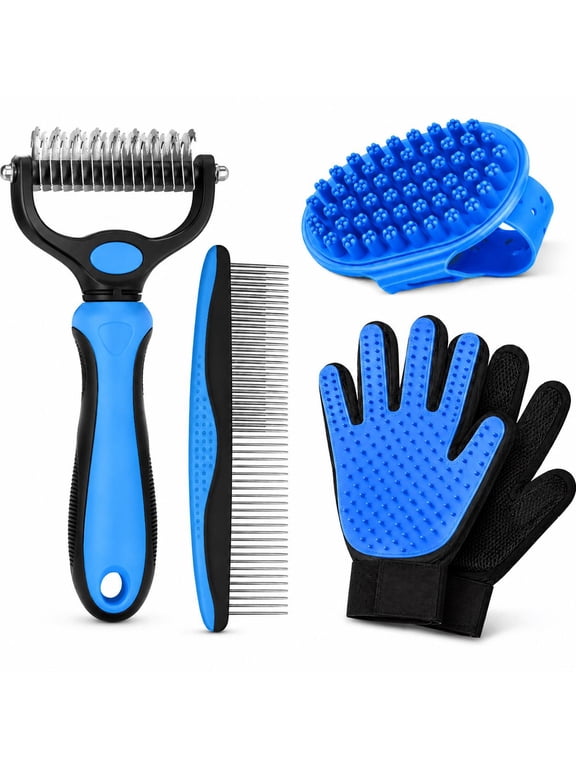 5 Pack Pet Grooming Rake Kit with Deshedding Rake, Fine-Tooth Comb, Grooming Gloves, Massage Brush,Self-Cleaning Pet Grooming Tool for Dogs and Cats