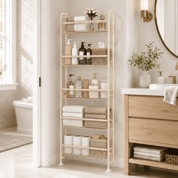 Vonieion Behind The Door Bathroom Shelf Narrow 5-Tier,Space-Saving Slim Storage Shelf Narrow Shelving Unit,Metal behind door Organizer for Closet Kitchen Living Room Sturdy Room Laundry Room,White