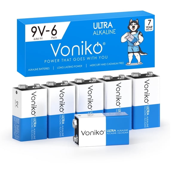 Voniko Alkaline 9V Batteries 6 Pack, 7-Year Shelf Life, Perfect for Smoke Detectors