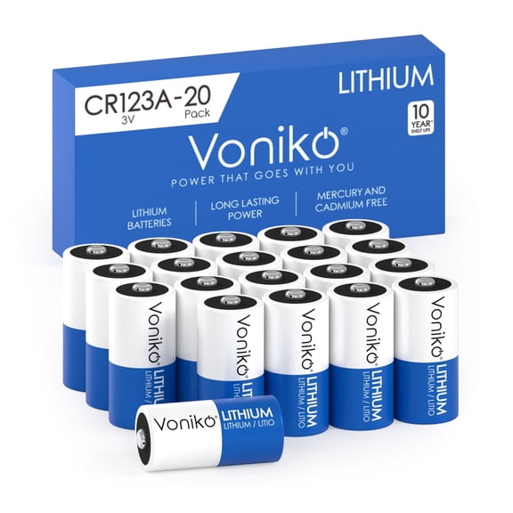 Voniko CR123A Lithium Batteries 20 Pack, Non-Rechargeable Battery with 10 Years Shelf Life