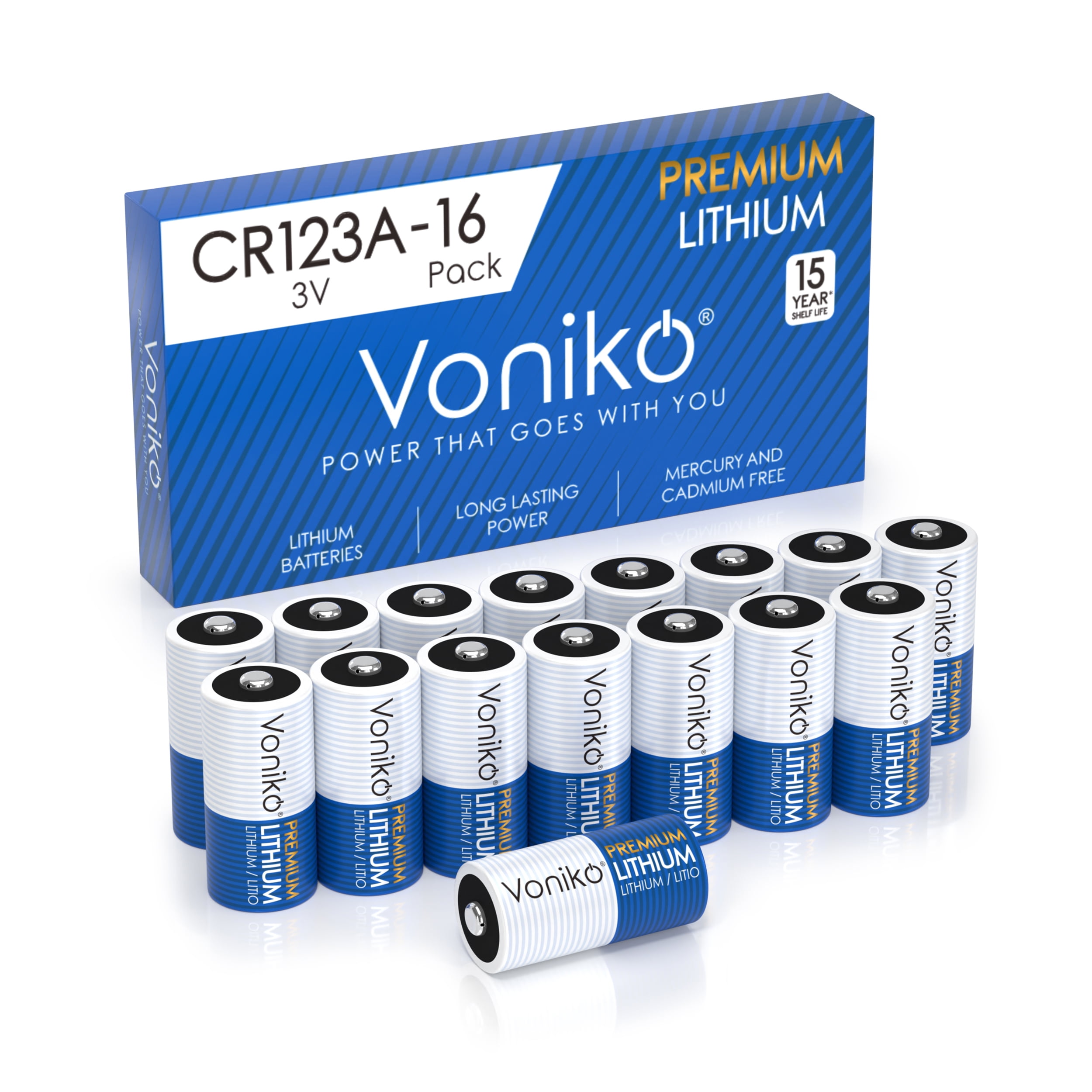 Voniko CR123A Premium Lithium Batteries 16 Pack, Non-Rechargeable Battery with 15 Years Shelf Life
