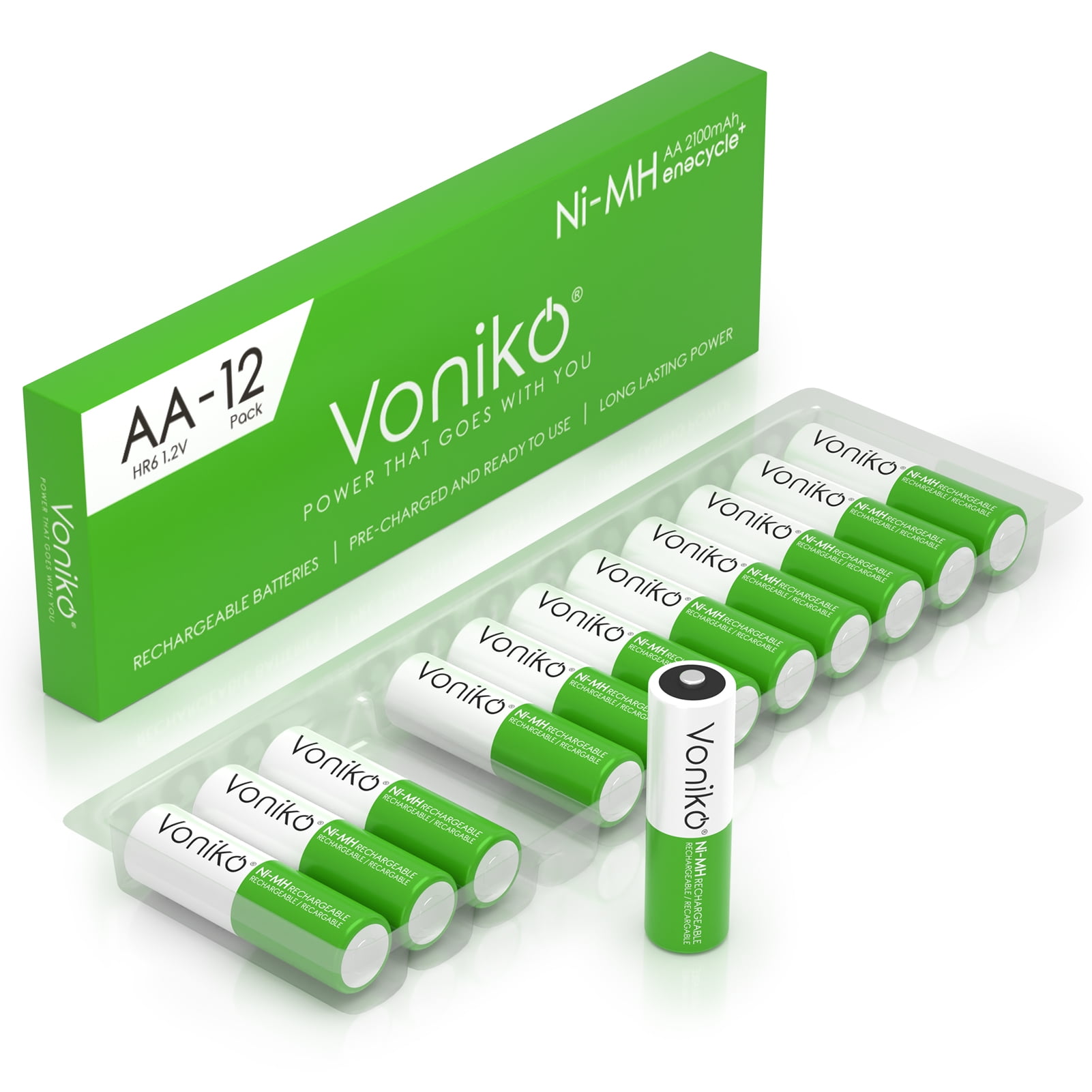 Voniko NIMH AA Rechargeable Batteries 12 Pack, 1.2V 2100mAh Recharge up to 1000x Times