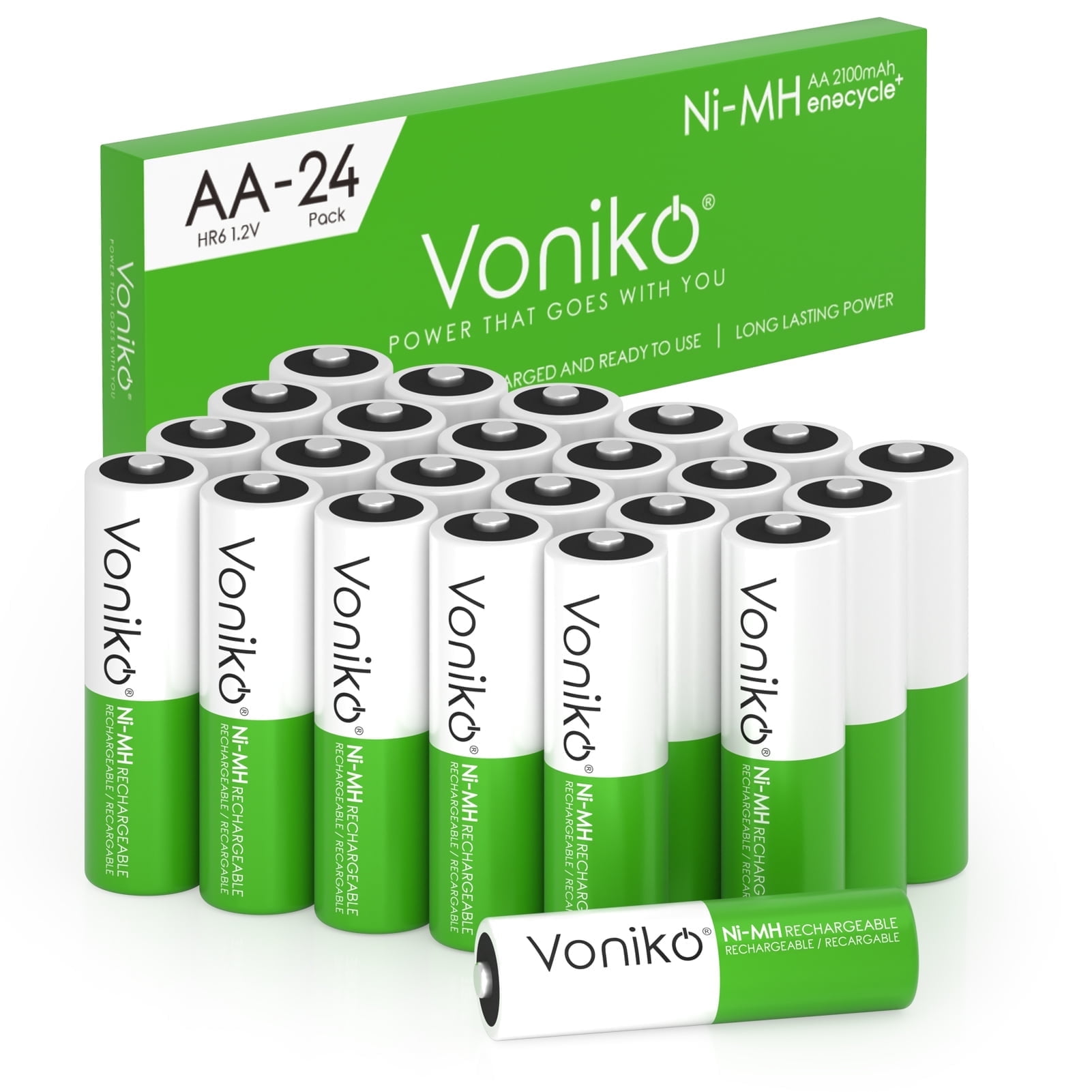 Voniko NIMH Rechargeable AA Batteries 24 Pack, 1.2V 2100mAh Recharge up to 1000x Times