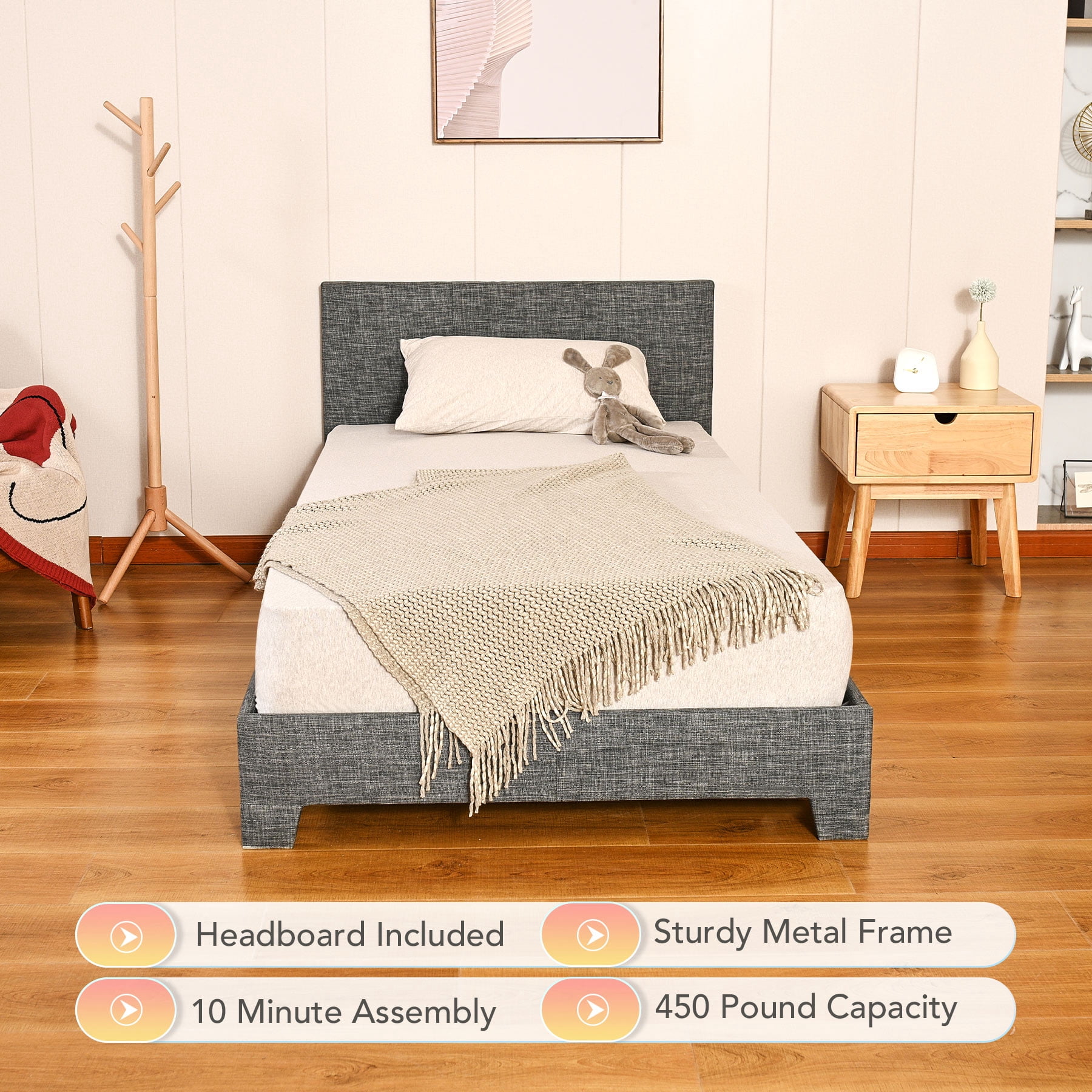 Vonluce Upholstered Platform Bed Frame with Headboard and Slats, Twin Size, Gray