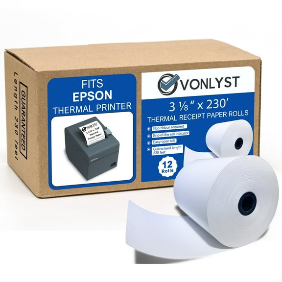 Vonlyst 3-1/8 x 230ft Thermal Cash Register Paper Roll for Epson, 12 Rolls