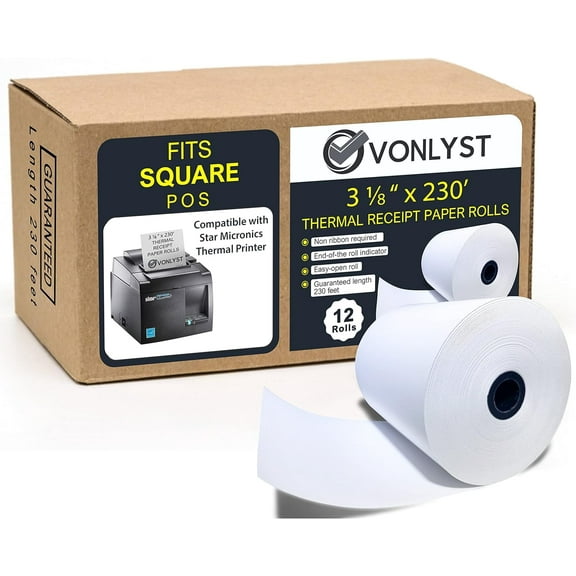 Vonlyst Receipt Paper Roll 3 1/8 x 230 for Square Register and Square POS System connected to Star Micronics Thermal Printer (Pack 12 rolls)