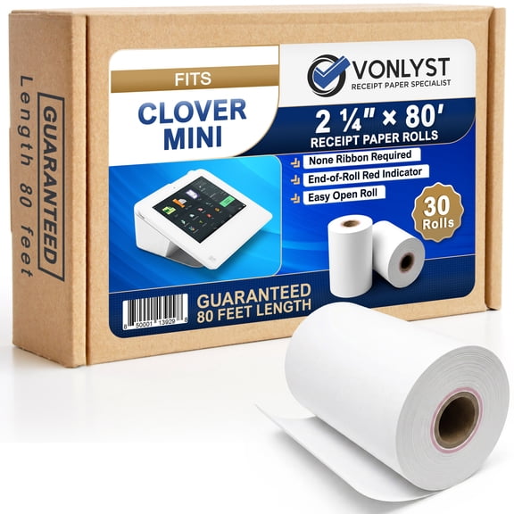 Vonlyst Thermal Receipt Paper Rolls for Clover Mini & Clover Mobile - 2 1/4" x 80' BPA Free Credit Card Machine Paper Compatible with C200 C300 C301 C302 C302U C305 - POS Printer Paper, 30 Rolls