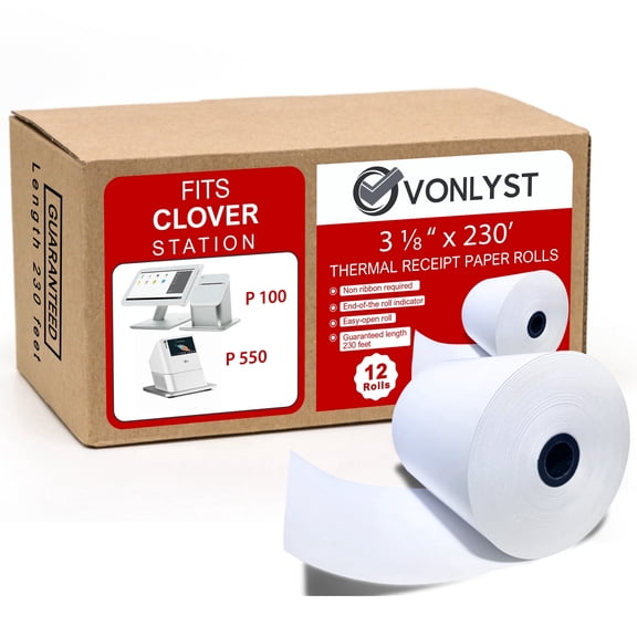 Vonlyst Thermal Receipt Paper Rolls 3 1/8" x 230' for Clover Station (12 Rolls)