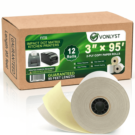 Vonlyst Two Ply Copy Carbonless Rolls 3x95 White/Canary for Clover Kitchen Printer Paper (12 rolls)