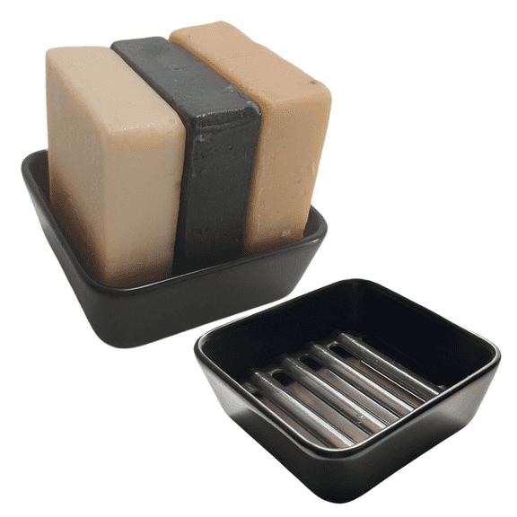 Vonpri Square Soap Holder Ceramic Container Case Bar Soap Box Bathroom Accessories Black 2 Pack