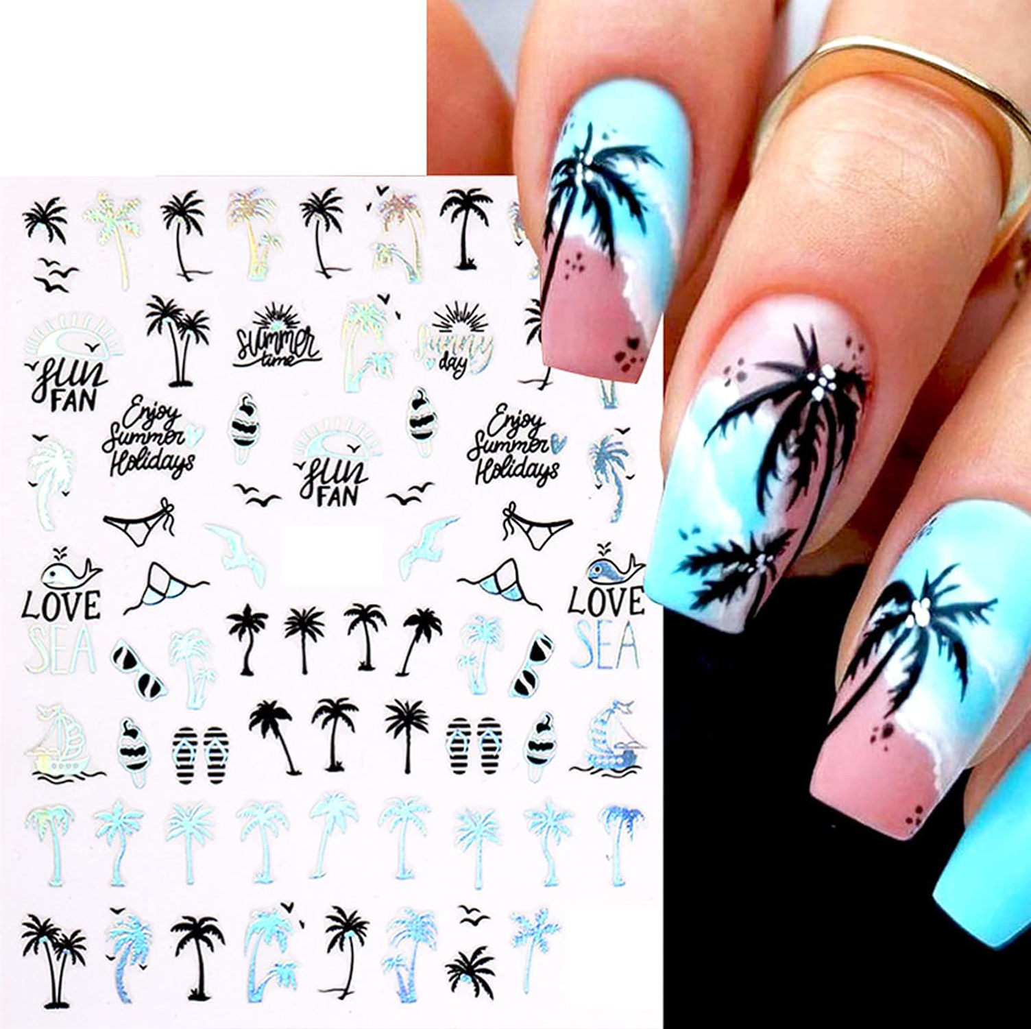 Vonrui 3 pcs Palm Nail Art Stickers Decals,Tropical Coconut Tree Nail