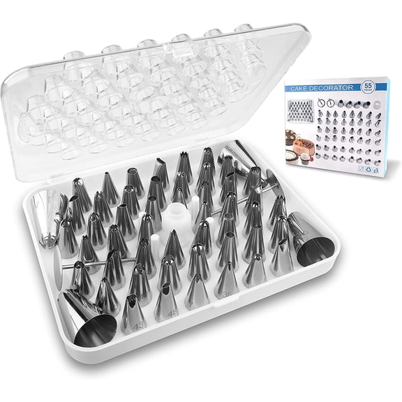 Vontix Cake Decorating Kit for Beginners, 52 Numbered Icing Piping Tips with Pattern Chart, 2 Flower Nails, 1 Coupler and Storage Box, Cake Frosting Decorating Tools