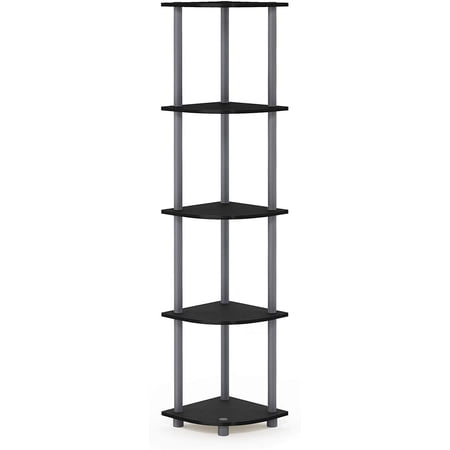 VooBang 5-Tier 57.7" Wooden Round Corner Shelf for Living Room, Office, Black & Gray, Modern Corner Bookshelf Organizer for Small Spaces, Rustic Display Storage Rack