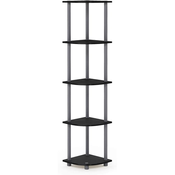 VooBang 5-Tier 57.7" Wooden Round Corner Shelf for Living Room, Office, Black & Gray, Modern Corner Bookshelf Organizer for Small Spaces, Rustic Display Storage Rack