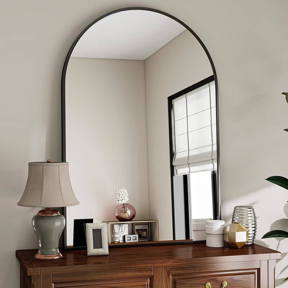 VooBang Arched Wall Mirror, 26 x 41 inch Arch Bathroom Mirror, Wall Mounted Mirror with Arch Metal Frame, Modern Bathroom Mirror for Bedroom, Living Room, Hanging or Leaning, Black