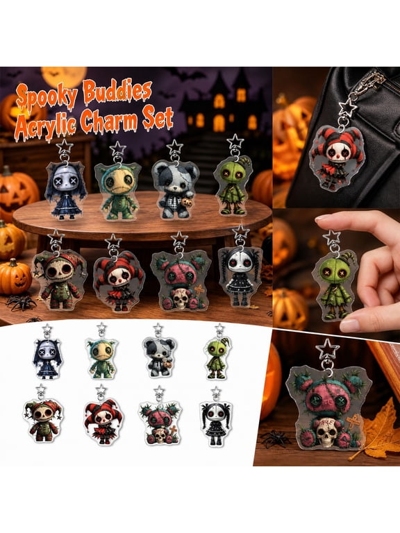 Voodoo Doll Keychain Set with 2D Acrylic Design, 8-Pack, Spooky Character, for Backpacks, Decoration