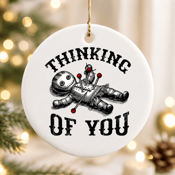 Voodoo Doll Thinking of You Goth Halloween Christmas Ornament, Spooky Holiday Decor, Ceramic Ornament