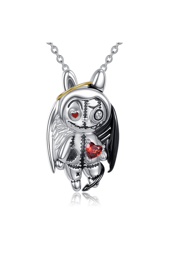 Voodoo Necklace 925 Sterling Silver Angels and Demons Voodoo Doll Pendant Necklace Goth Dolls Jewelry Gifts for Women