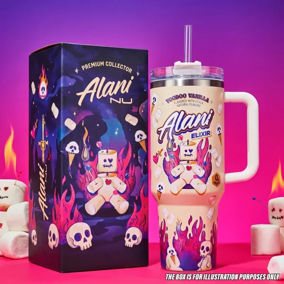 Voodoo Vanilla Elixir Alani Nu 40oz Insulated Tumbler with Straw, Halloween Marshmallow Doll Travel Coffee Mug, Energy Drink Appreciation Gift, Double Wall Stainless Steel Water Bottle
