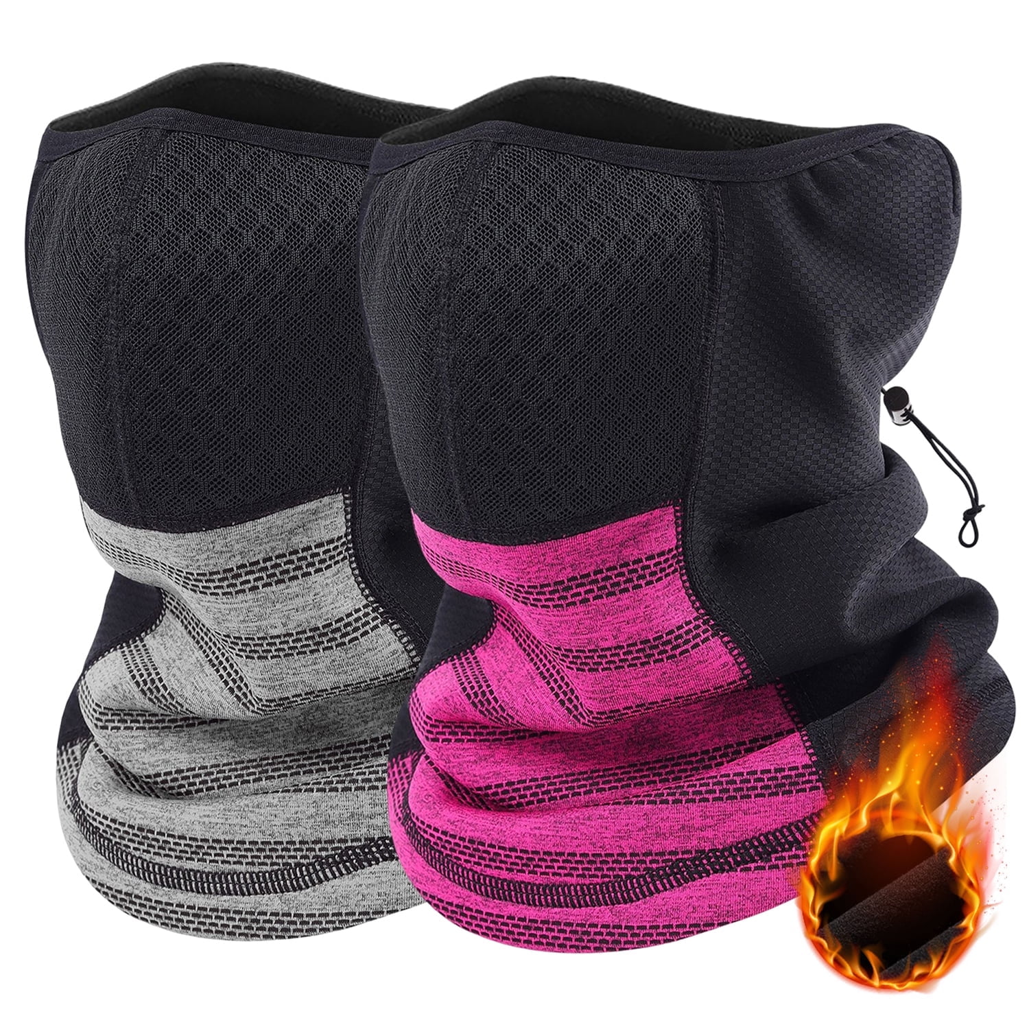 Voofly 2-Pack Adjustable Solid Face Mask with Drawstring Thermal Neck Gaiter, Gray \u0026 Rose Red Stylish Ski Masks Moisture Wicking Breathable, 2 Count Unisex Winter Neckcover