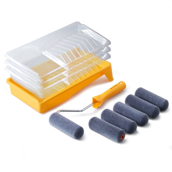 Voomey Foam Paint Roller, 4 Inch Mini Flock Foam Cover Kit, Small Paint Rollers with Tray and Roller Frame for Doors, Trims & Cupboards