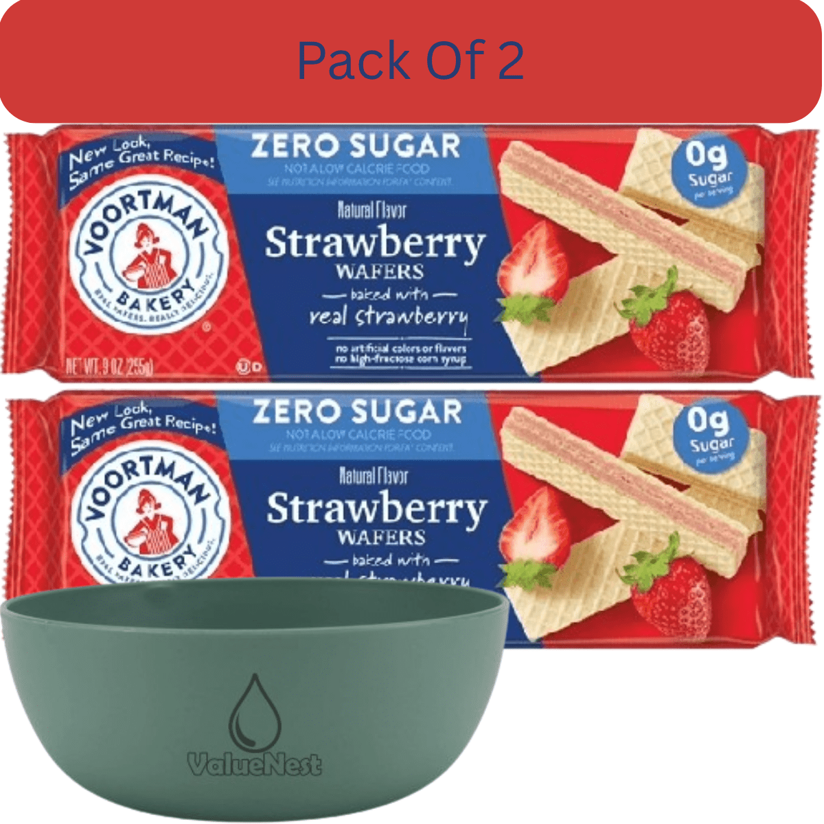 Voortman Bakery Zero Sugar Strawberry Wafer Cookies, 9 oz Pack with olive green bowl by ValueNest