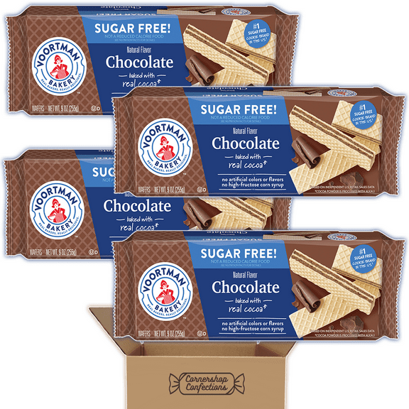 Voortman Sugar Free Chocolate Wafers Bulk Pack - 4 Individually Sealed 9 Ounce Packs - Baked With Real Cocoa - Holidays, Family Gatherings, Work Desk, Road Trip Snack - In Cornershop Confections Pack